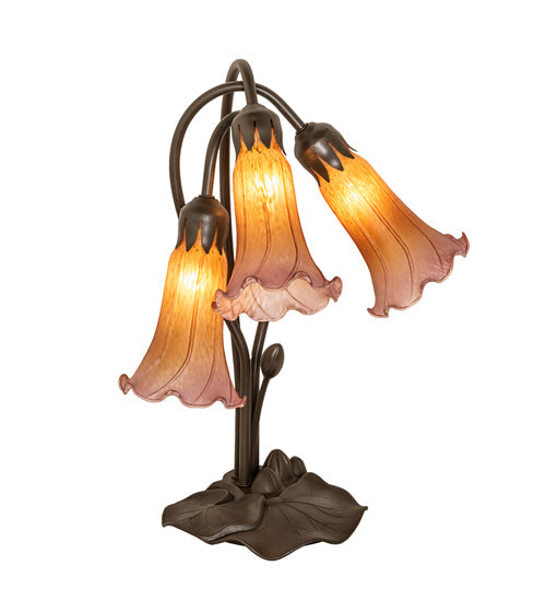 Meyda Lighting Tiffany Pond Lily 16" 3-Light Mahogany Bronze Accent Table Lamp With Amber and Purple Shade Glass