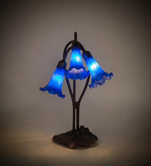 Meyda Lighting Tiffany Pond Lily 16" 3-Light Mahogany Bronze Accent Table Lamp With Blue Shade Glass