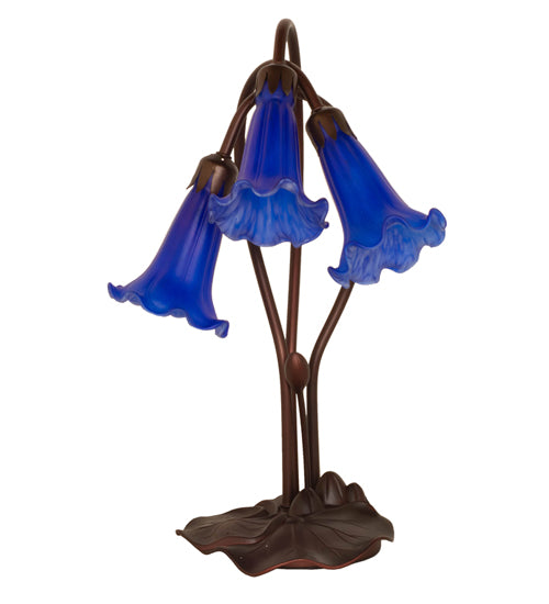 Meyda Lighting Tiffany Pond Lily 16" 3-Light Mahogany Bronze Accent Table Lamp With Blue Shade Glass