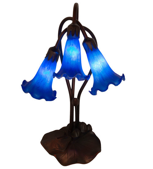 Meyda Lighting Tiffany Pond Lily 16" 3-Light Mahogany Bronze Accent Table Lamp With Blue Shade Glass