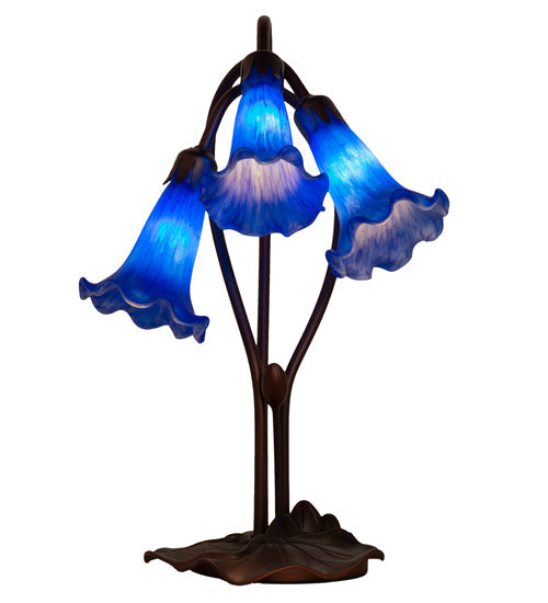 Meyda Lighting Tiffany Pond Lily 16" 3-Light Mahogany Bronze Accent Table Lamp With Blue Shade Glass