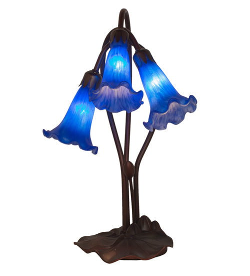 Meyda Lighting Tiffany Pond Lily 16" 3-Light Mahogany Bronze Accent Table Lamp With Blue Shade Glass