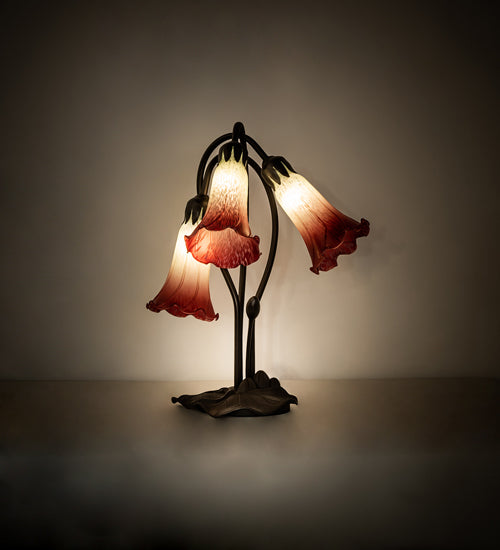 Meyda Lighting Tiffany Pond Lily 16" 3-Light Mahogany Bronze Accent Table Lamp With Green & Red Shade Glass