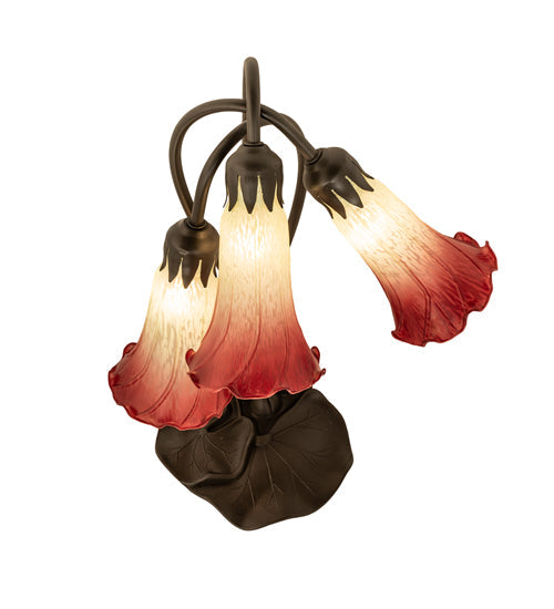 Meyda Lighting Tiffany Pond Lily 16" 3-Light Mahogany Bronze Accent Table Lamp With Green & Red Shade Glass