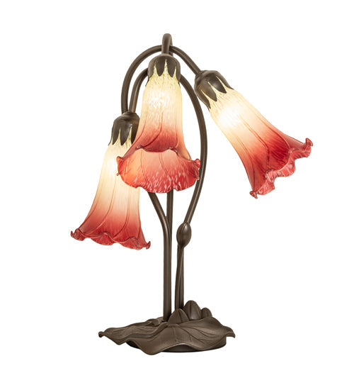 Meyda Lighting Tiffany Pond Lily 16" 3-Light Mahogany Bronze Accent Table Lamp With Green & Red Shade Glass