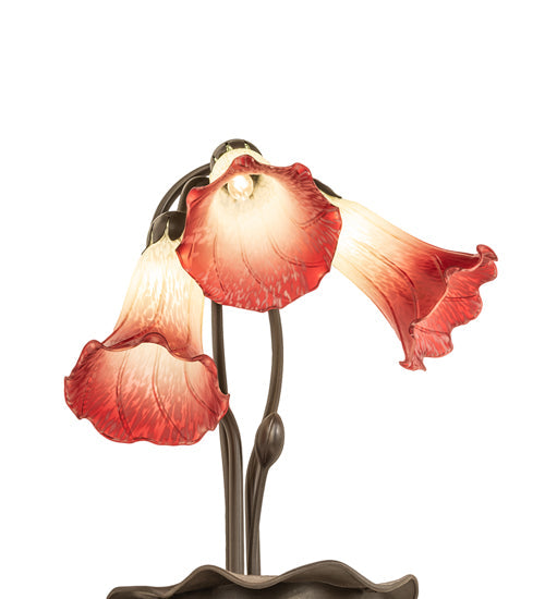 Meyda Lighting Tiffany Pond Lily 16" 3-Light Mahogany Bronze Accent Table Lamp With Green & Red Shade Glass