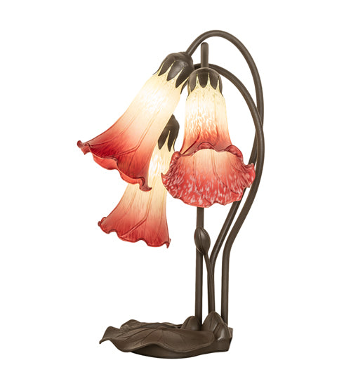 Meyda Lighting Tiffany Pond Lily 16" 3-Light Mahogany Bronze Accent Table Lamp With Green & Red Shade Glass