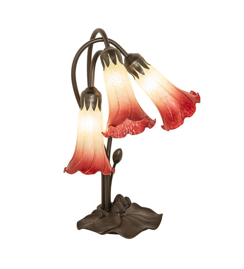 Meyda Lighting Tiffany Pond Lily 16" 3-Light Mahogany Bronze Accent Table Lamp With Green & Red Shade Glass