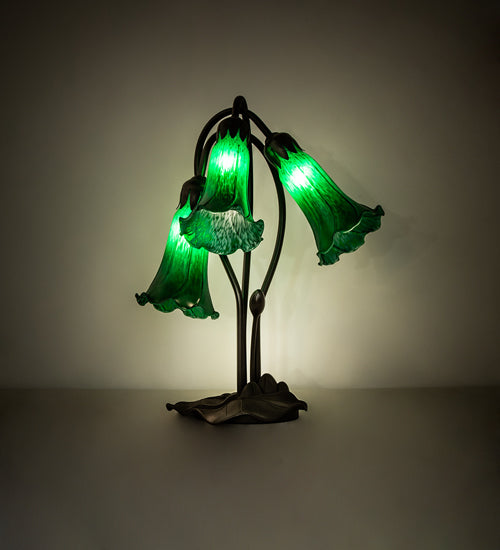 Meyda Lighting Tiffany Pond Lily 16" 3-Light Mahogany Bronze Accent Table Lamp With Green Shade Glass
