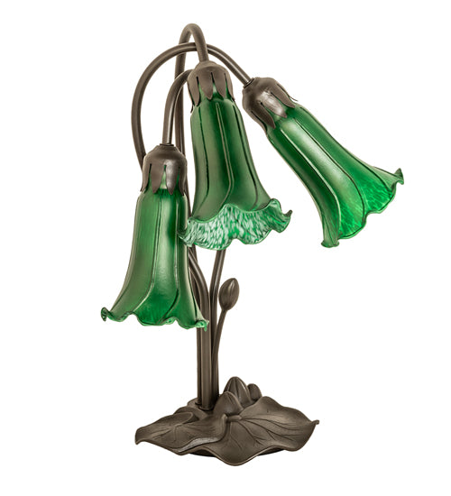 Meyda Lighting Tiffany Pond Lily 16" 3-Light Mahogany Bronze Accent Table Lamp With Green Shade Glass