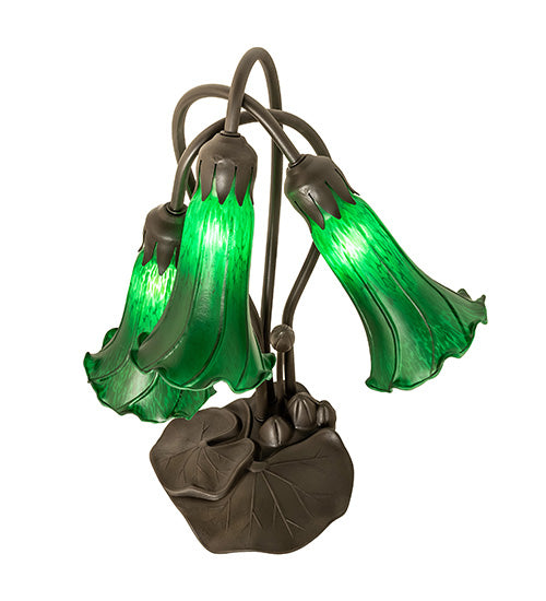 Meyda Lighting Tiffany Pond Lily 16" 3-Light Mahogany Bronze Accent Table Lamp With Green Shade Glass