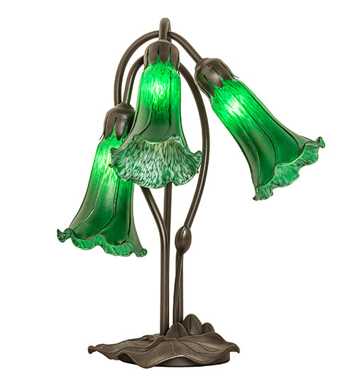 Meyda Lighting Tiffany Pond Lily 16" 3-Light Mahogany Bronze Accent Table Lamp With Green Shade Glass
