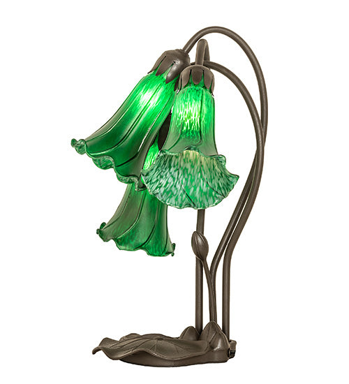 Meyda Lighting Tiffany Pond Lily 16" 3-Light Mahogany Bronze Accent Table Lamp With Green Shade Glass
