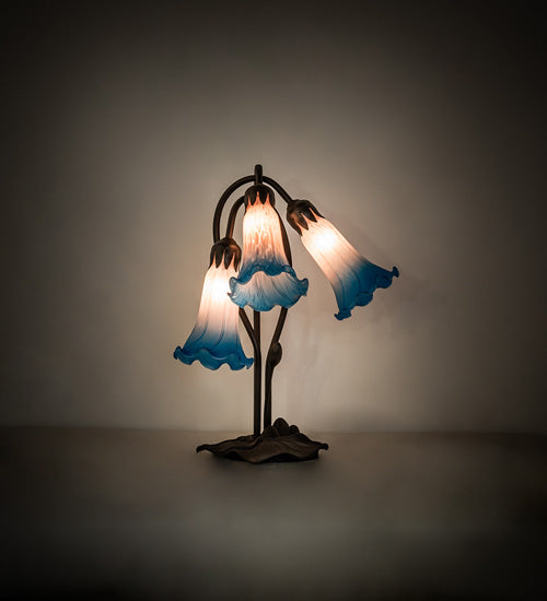 Meyda Lighting Tiffany Pond Lily 16" 3-Light Mahogany Bronze Accent Table Lamp With Pink & Blue Shade Glass
