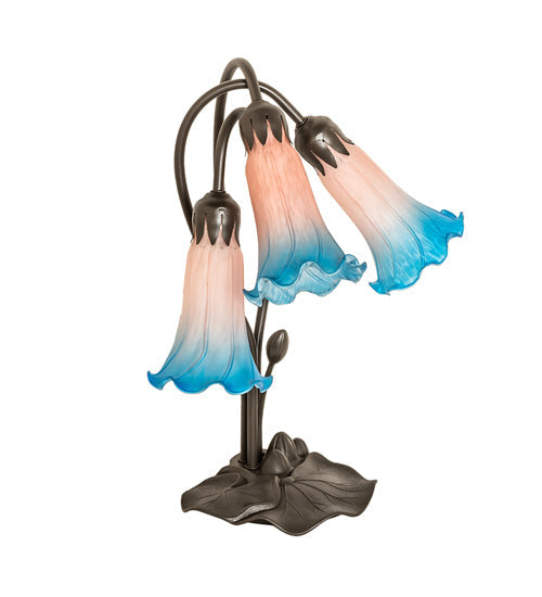 Meyda Lighting Tiffany Pond Lily 16" 3-Light Mahogany Bronze Accent Table Lamp With Pink & Blue Shade Glass