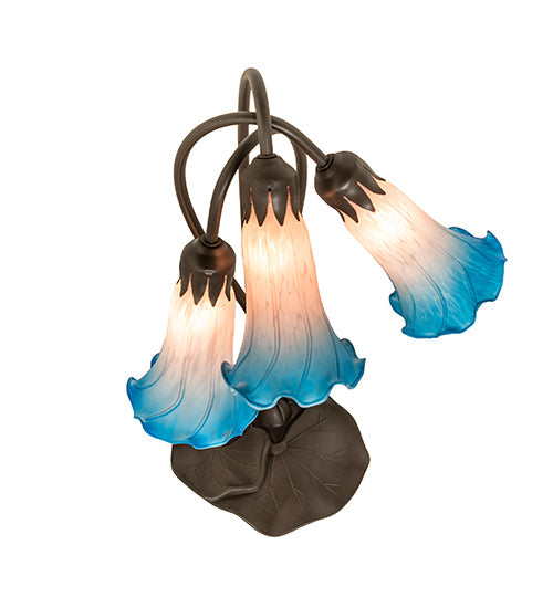 Meyda Lighting Tiffany Pond Lily 16" 3-Light Mahogany Bronze Accent Table Lamp With Pink & Blue Shade Glass