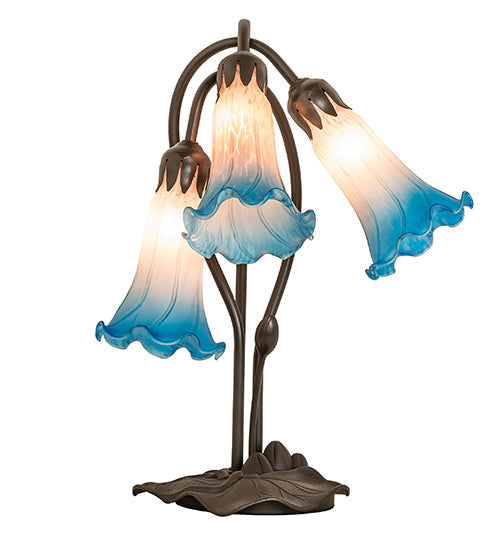Meyda Lighting Tiffany Pond Lily 16" 3-Light Mahogany Bronze Accent Table Lamp With Pink & Blue Shade Glass