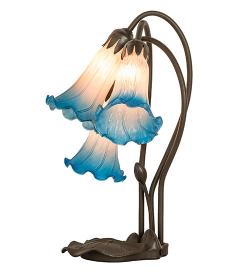 Meyda Lighting Tiffany Pond Lily 16" 3-Light Mahogany Bronze Accent Table Lamp With Pink & Blue Shade Glass
