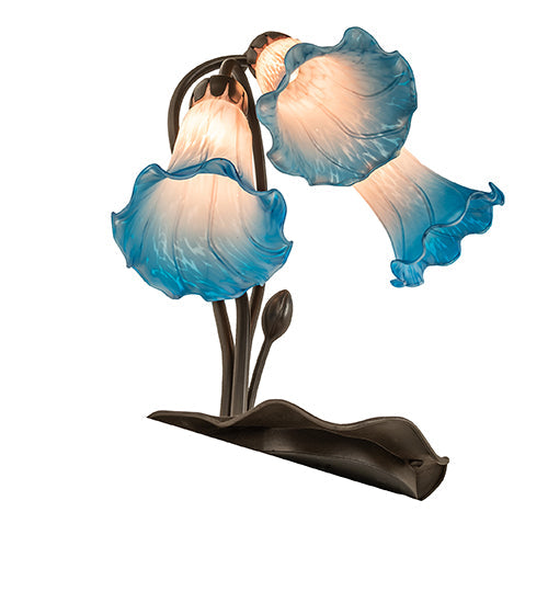 Meyda Lighting Tiffany Pond Lily 16" 3-Light Mahogany Bronze Accent Table Lamp With Pink & Blue Shade Glass