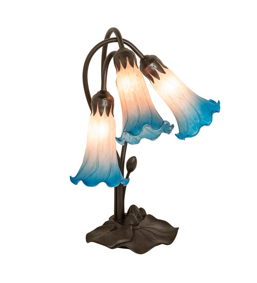 Meyda Lighting Tiffany Pond Lily 16" 3-Light Mahogany Bronze Accent Table Lamp With Pink & Blue Shade Glass