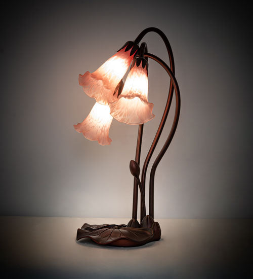 Meyda Lighting Tiffany Pond Lily 16" 3-Light Mahogany Bronze Accent Table Lamp With Pink Shade Glass