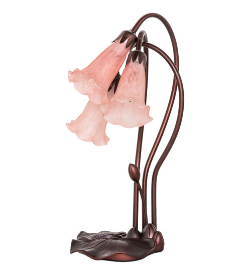 Meyda Lighting Tiffany Pond Lily 16" 3-Light Mahogany Bronze Accent Table Lamp With Pink Shade Glass