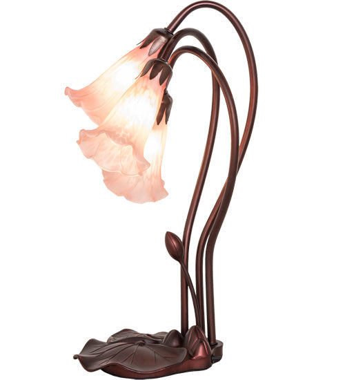 Meyda Lighting Tiffany Pond Lily 16" 3-Light Mahogany Bronze Accent Table Lamp With Pink Shade Glass