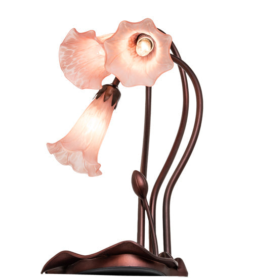 Meyda Lighting Tiffany Pond Lily 16" 3-Light Mahogany Bronze Accent Table Lamp With Pink Shade Glass