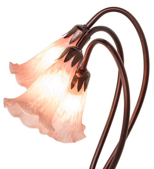 Meyda Lighting Tiffany Pond Lily 16" 3-Light Mahogany Bronze Accent Table Lamp With Pink Shade Glass