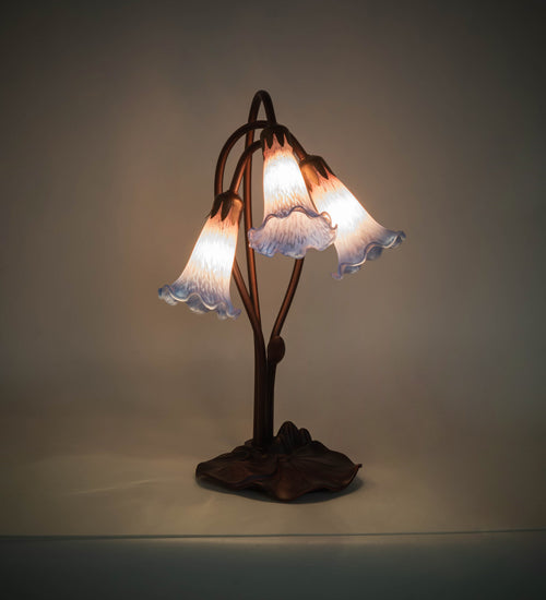 Meyda Lighting Tiffany Pond Lily 16" 3-Light Mahogany Bronze Accent Table Lamp With Pink and Blue Shade Glass