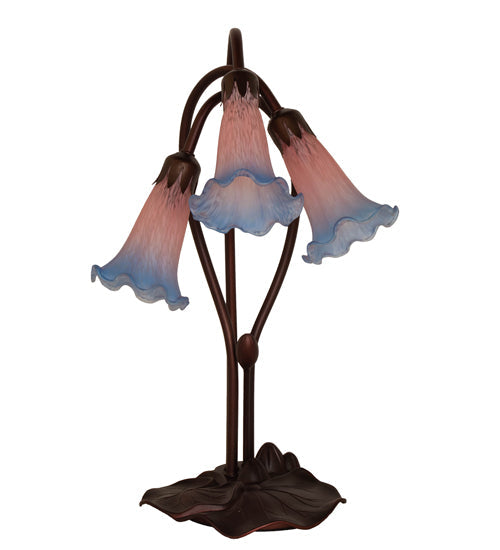 Meyda Lighting Tiffany Pond Lily 16" 3-Light Mahogany Bronze Accent Table Lamp With Pink and Blue Shade Glass