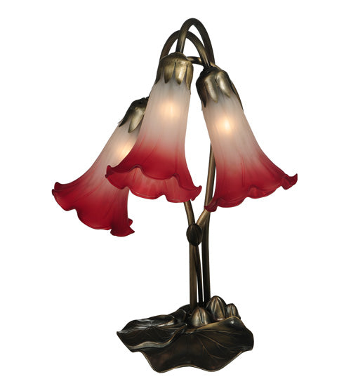 Meyda Lighting Tiffany Pond Lily 16" 3-Light Mahogany Bronze Accent Table Lamp With Pink and White Shade Glass