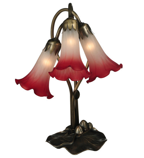 Meyda Lighting Tiffany Pond Lily 16" 3-Light Mahogany Bronze Accent Table Lamp With Pink and White Shade Glass