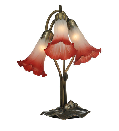 Meyda Lighting Tiffany Pond Lily 16" 3-Light Mahogany Bronze Accent Table Lamp With Pink and White Shade Glass