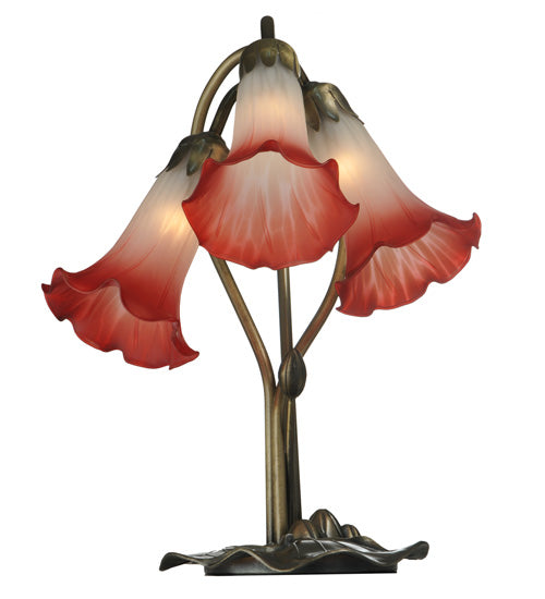 Meyda Lighting Tiffany Pond Lily 16" 3-Light Mahogany Bronze Accent Table Lamp With Pink and White Shade Glass