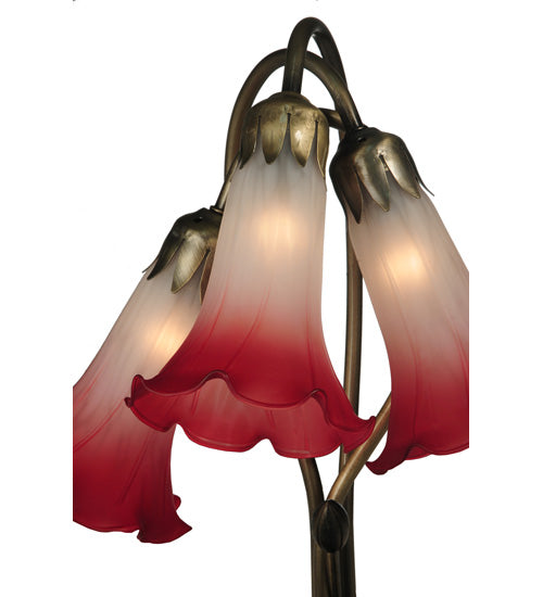 Meyda Lighting Tiffany Pond Lily 16" 3-Light Mahogany Bronze Accent Table Lamp With Pink and White Shade Glass