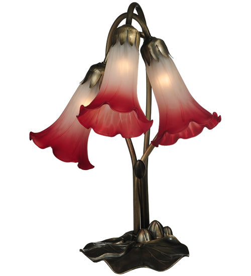 Meyda Lighting Tiffany Pond Lily 16" 3-Light Mahogany Bronze Accent Table Lamp With Pink and White Shade Glass
