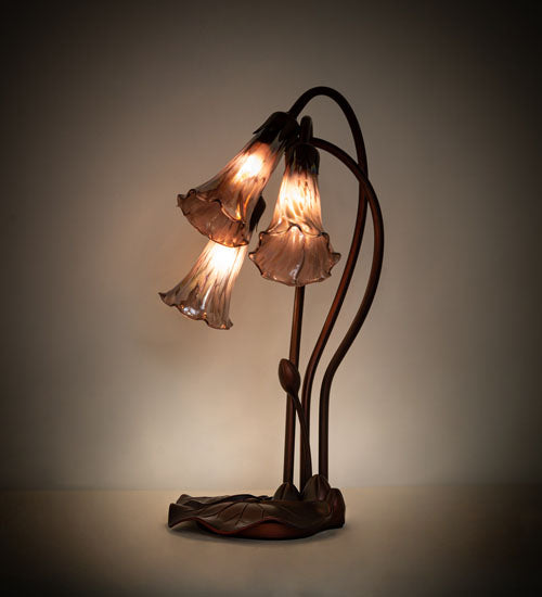 Meyda Lighting Tiffany Pond Lily 16" 3-Light Mahogany Bronze Accent Table Lamp With Purple Iridescent Shade Glass