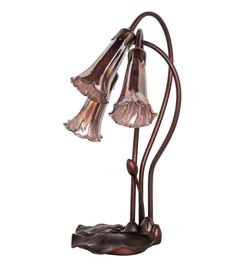 Meyda Lighting Tiffany Pond Lily 16" 3-Light Mahogany Bronze Accent Table Lamp With Purple Iridescent Shade Glass