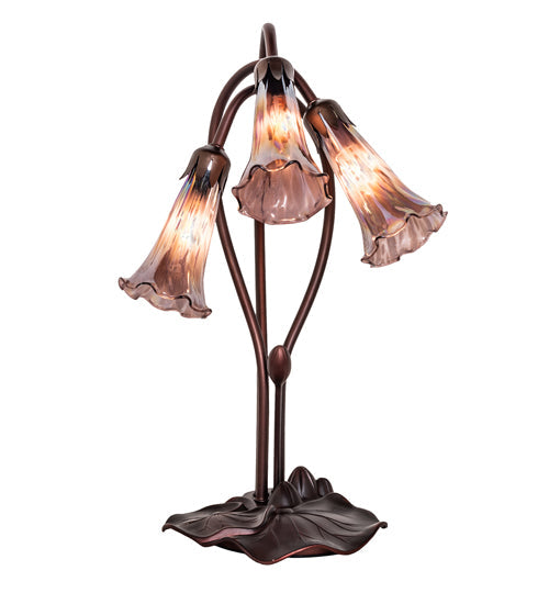 Meyda Lighting Tiffany Pond Lily 16" 3-Light Mahogany Bronze Accent Table Lamp With Purple Iridescent Shade Glass