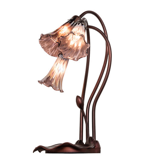 Meyda Lighting Tiffany Pond Lily 16" 3-Light Mahogany Bronze Accent Table Lamp With Purple Iridescent Shade Glass