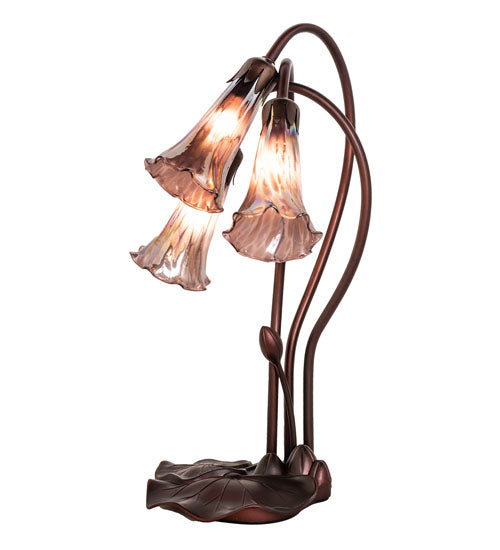 Meyda Lighting Tiffany Pond Lily 16" 3-Light Mahogany Bronze Accent Table Lamp With Purple Iridescent Shade Glass