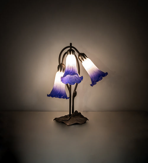 Meyda Lighting Tiffany Pond Lily 16" 3-Light Mahogany Bronze Table Lamp With Blue & White Shade Glass