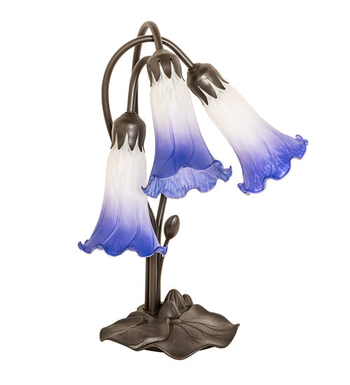 Meyda Lighting Tiffany Pond Lily 16" 3-Light Mahogany Bronze Table Lamp With Blue & White Shade Glass