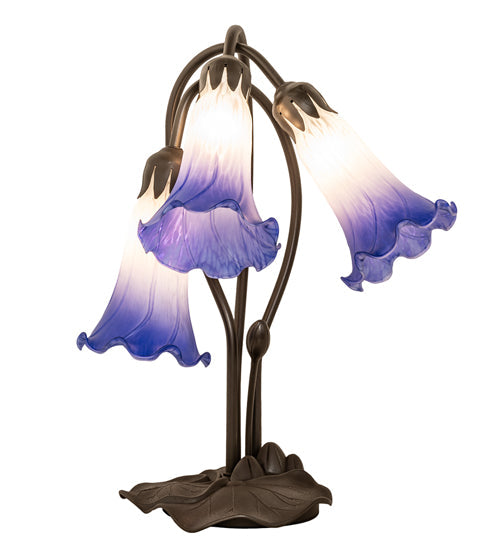 Meyda Lighting Tiffany Pond Lily 16" 3-Light Mahogany Bronze Table Lamp With Blue & White Shade Glass