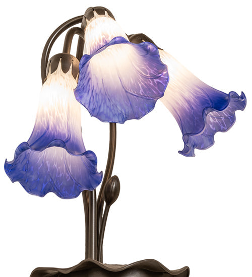 Meyda Lighting Tiffany Pond Lily 16" 3-Light Mahogany Bronze Table Lamp With Blue & White Shade Glass