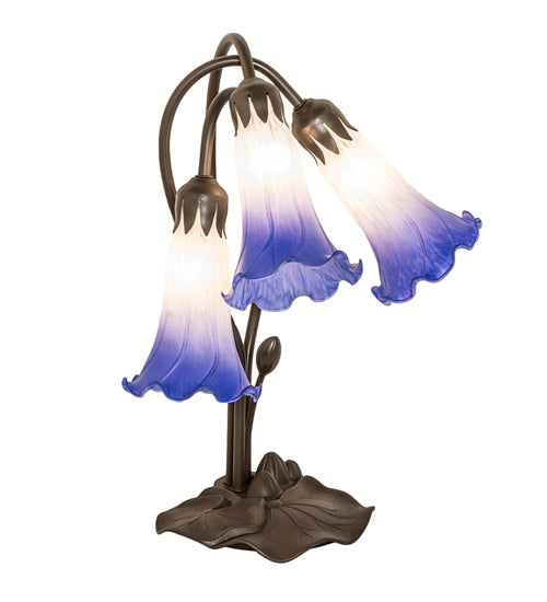 Meyda Lighting Tiffany Pond Lily 16" 3-Light Mahogany Bronze Table Lamp With Blue & White Shade Glass