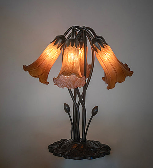 Meyda Lighting Tiffany Pond Lily 16" 5-Light Mahogany Bronze Table Lamp With Amber Favrile Shade Glass