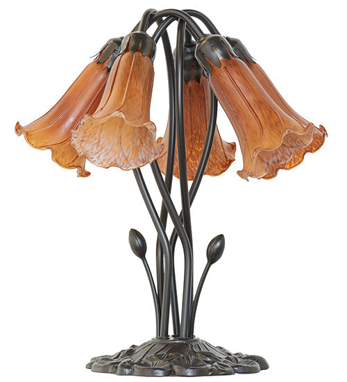 Meyda Lighting Tiffany Pond Lily 16" 5-Light Mahogany Bronze Table Lamp With Amber Favrile Shade Glass