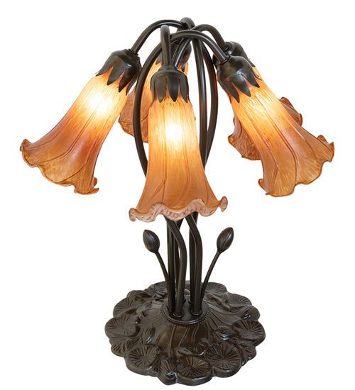 Meyda Lighting Tiffany Pond Lily 16" 5-Light Mahogany Bronze Table Lamp With Amber Favrile Shade Glass